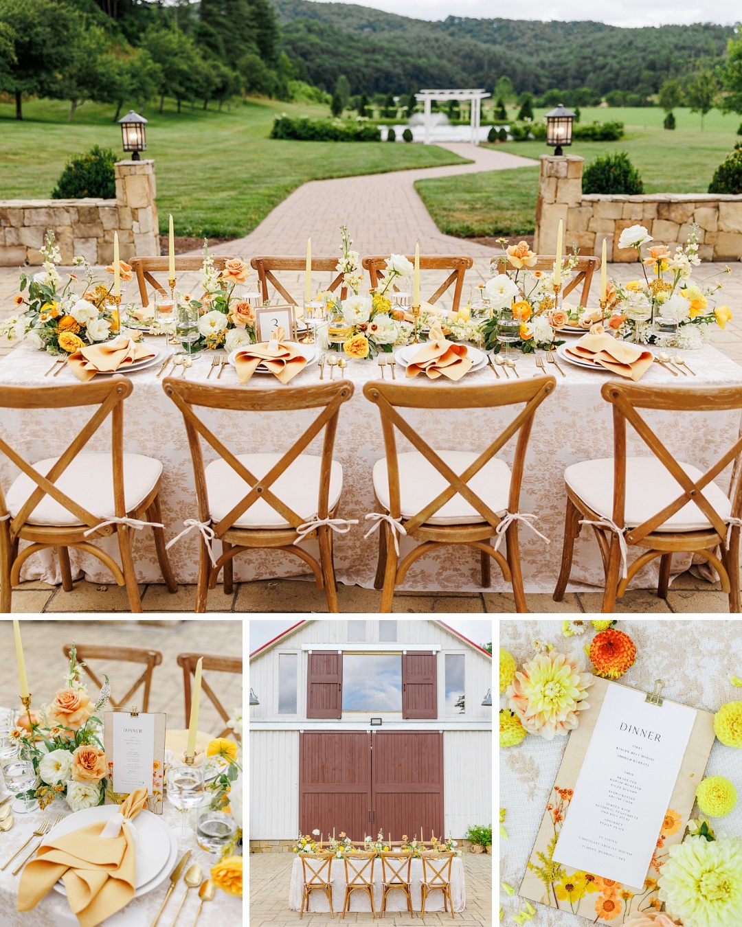 An elegant outdoor dining setup with a long table decorated with yellow and orange flowers, neatly folded napkins, and place settings. A lush green landscape is visible in the background.