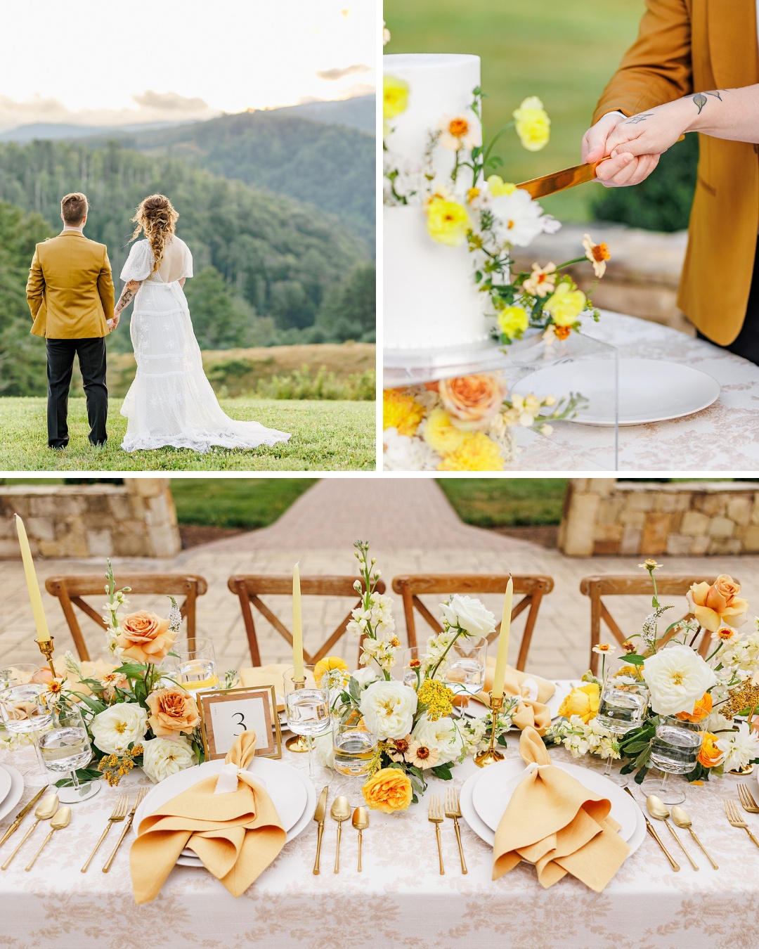 A couple stands in a field; a person cuts a cake adorned with flowers; a dining table is elegantly set with floral centerpieces, yellow napkins, and golden flatware.