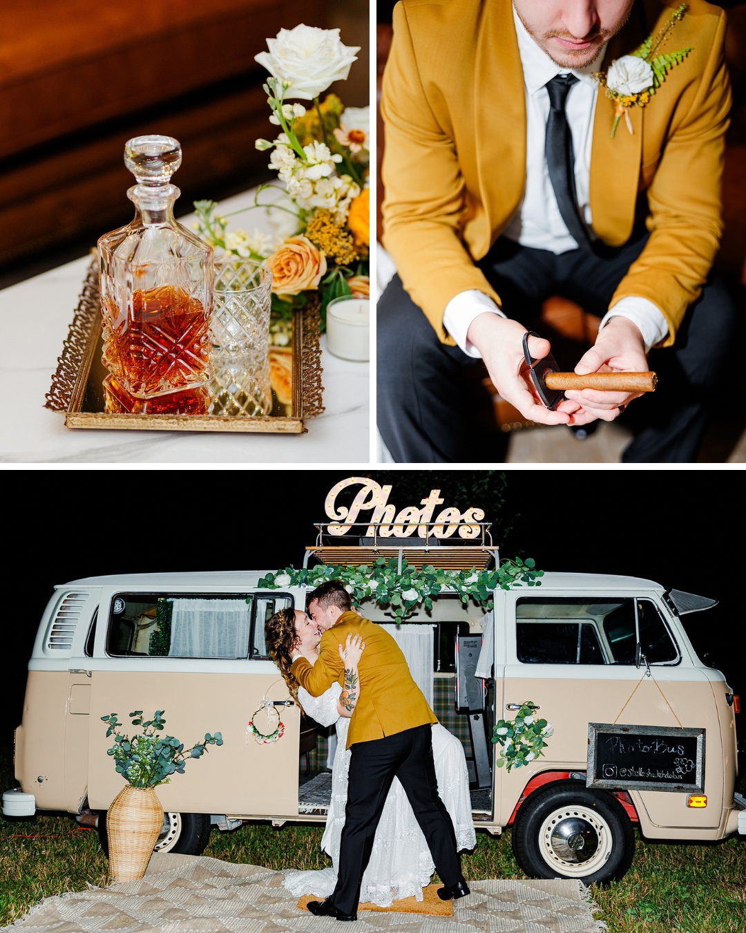 Collage of a whiskey decanter, a man in a mustard jacket holding a phone, and a couple kissing outside a decorated van labeled "Photos."