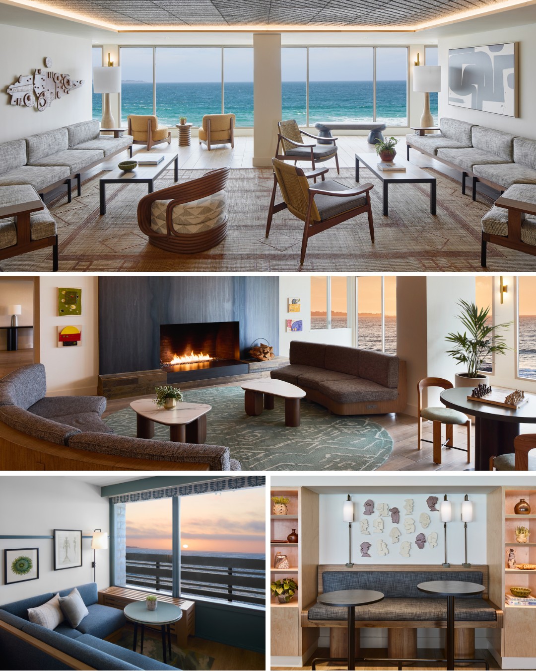 A modern lounge area with large windows facing the ocean, featuring gray sofas, wooden chairs, a fireplace, and decorative art pieces on the walls.