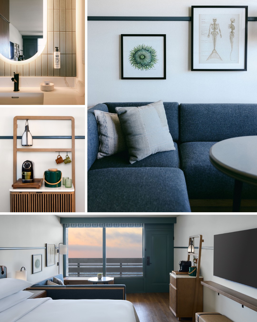 Modern hotel room collage: a bathroom with round mirror, cozy blue sofa with pillows, coffee station, and a bedroom with a large bed and sunset view.