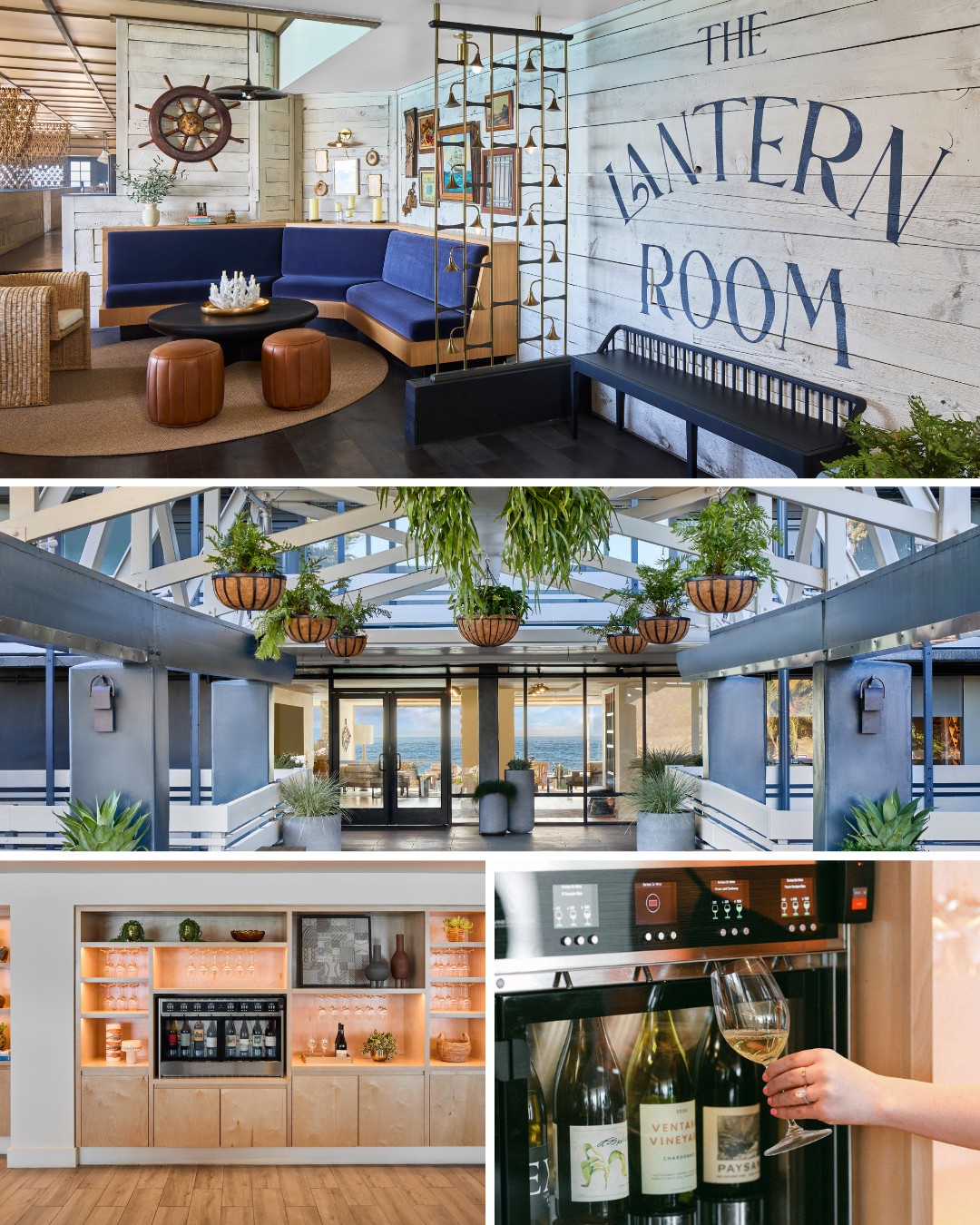 Collage of a cozy lounge, greenery-filled patio, wine dispensers, and a wooden bar area in The Lantern Room.