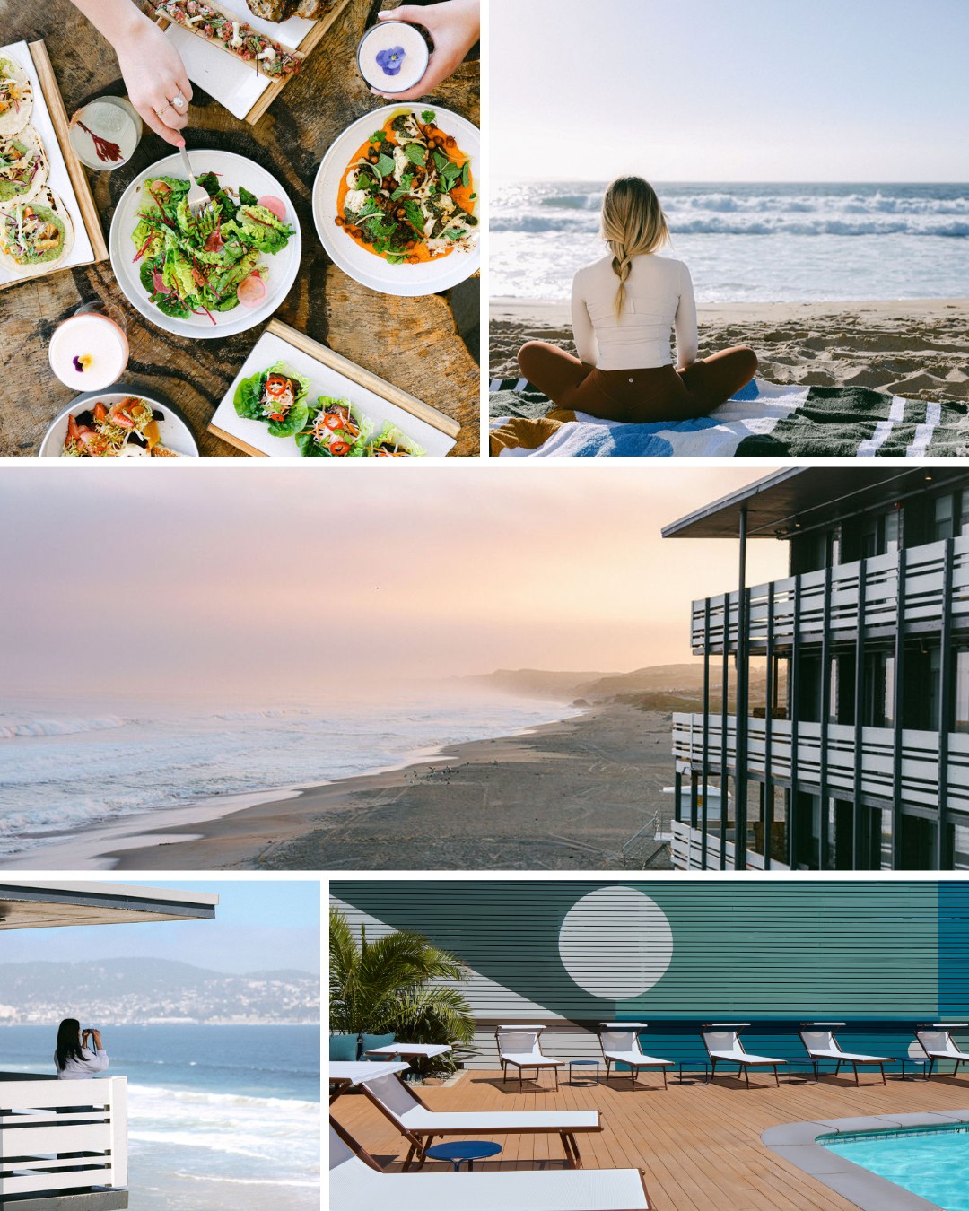 Collage of coastal scenes: a woman faces the ocean, beachside tacos, an ocean-view hotel, and a pool with lounge chairs.