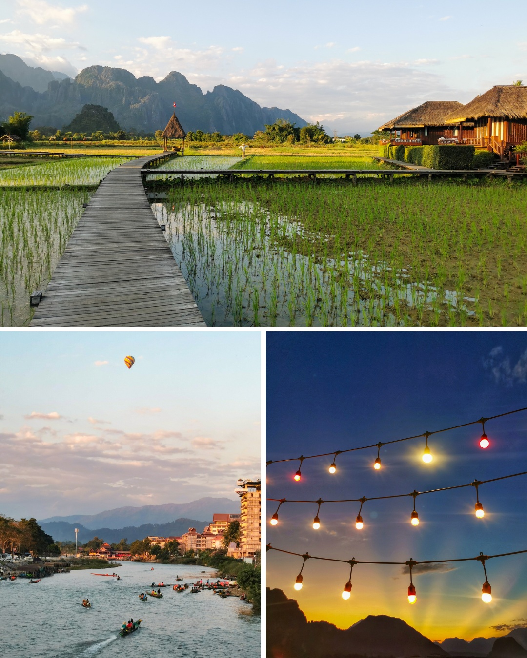 Three-part collage: top shows a wooden walkway over a green rice field with mountains in the background; bottom left features people kayaking on a river at sunset; bottom right depicts string lights glowing against an evening sky.