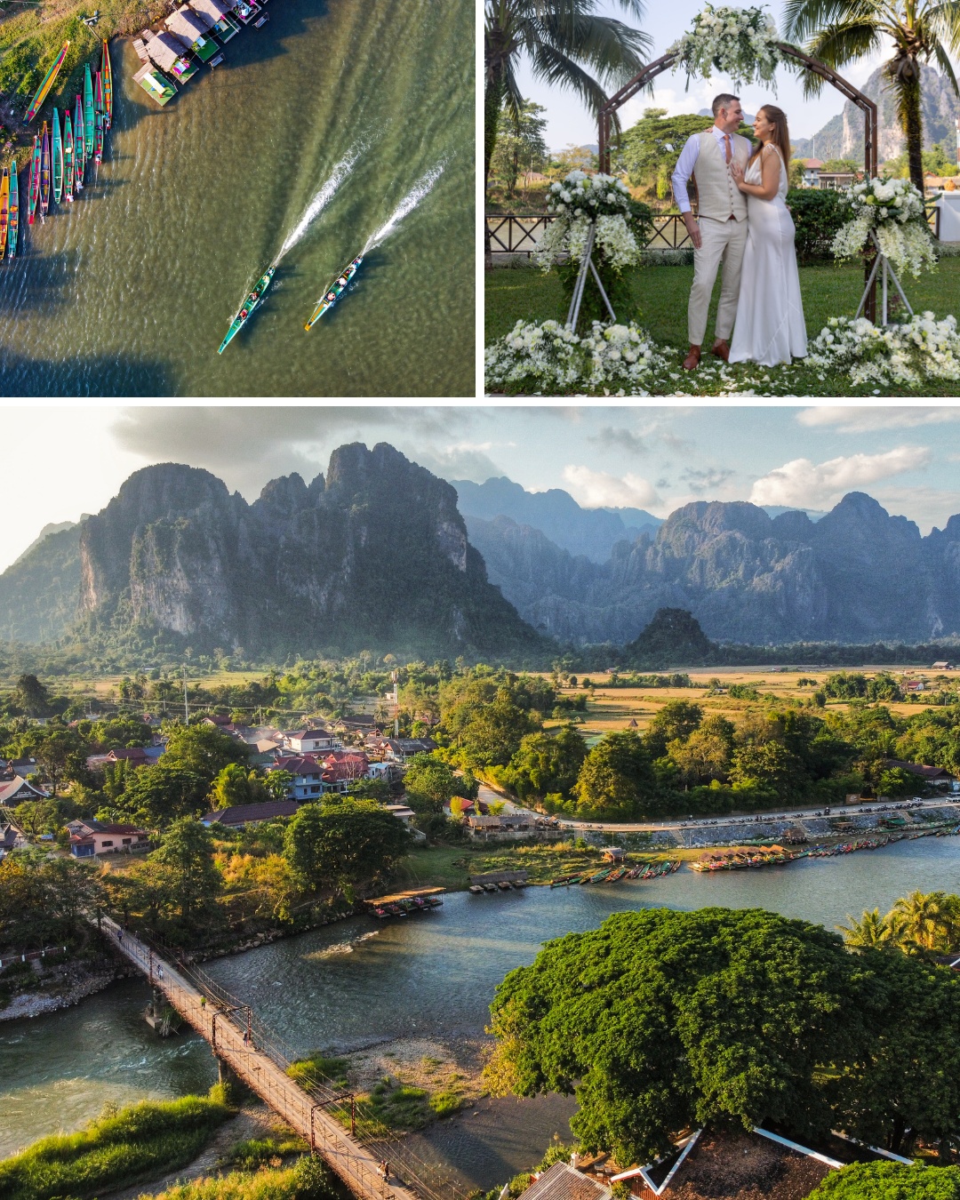 A collage featuring two kayaks on a river, a wedding couple standing under a floral arch, and an aerial view of a village with mountainous scenery in the background.