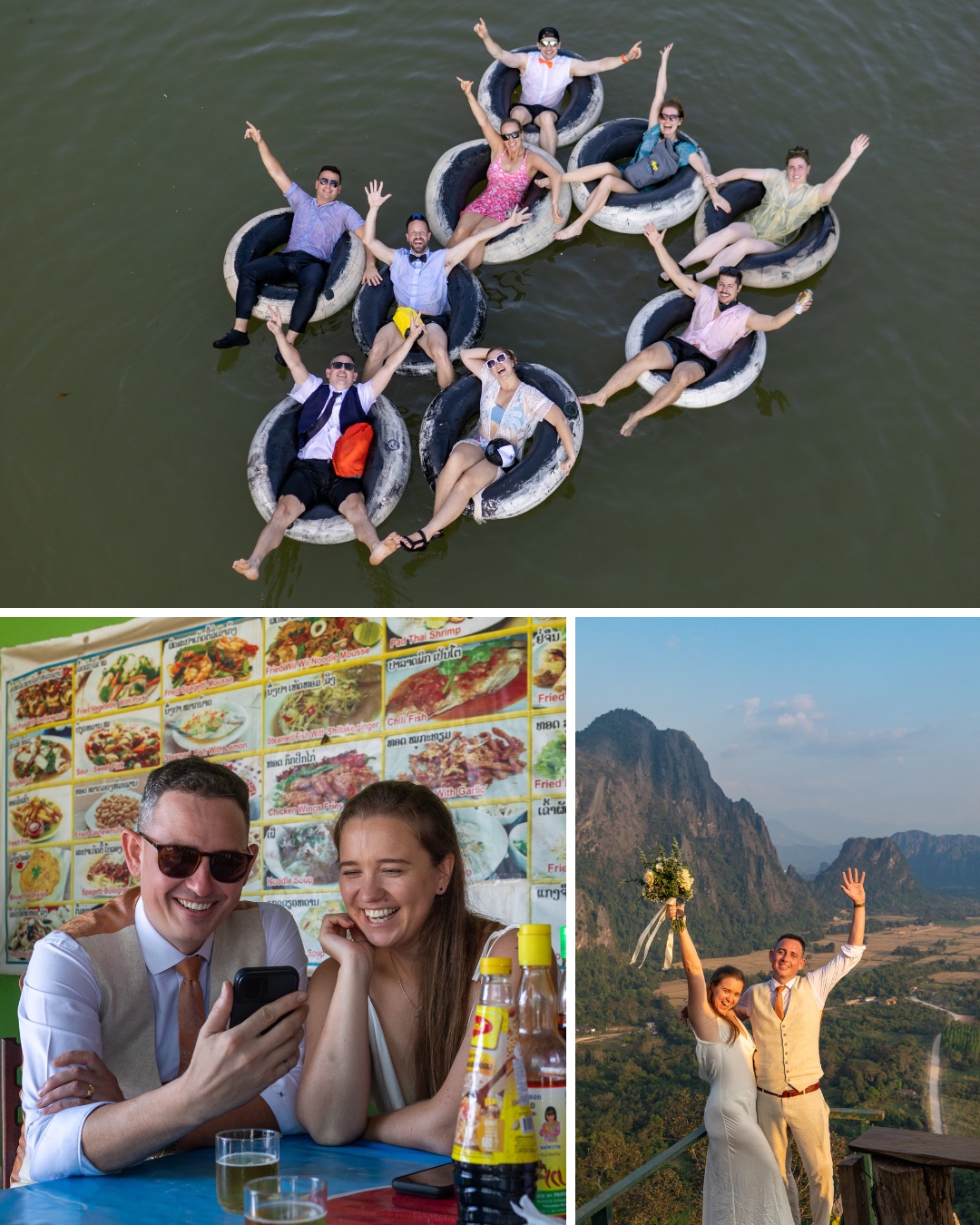 Top: Group of people floating on inner tubes in a river. Bottom left: Two people smiling at a phone in a restaurant. Bottom right: Couple celebrating with a scenic mountain backdrop.