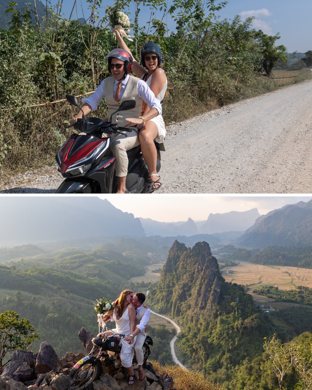 Two people in wedding attire riding a motorcycle on a rural road (top image). The same couple kisses while posing with the motorcycle on a scenic mountain overlook (bottom image).