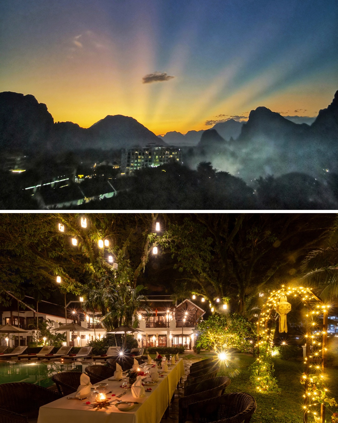 Top: Mountains silhouetted against a vibrant sunset. Bottom: Outdoor dining area adorned with decorative lights and elegant table settings in front of a lit building and greenery at night.