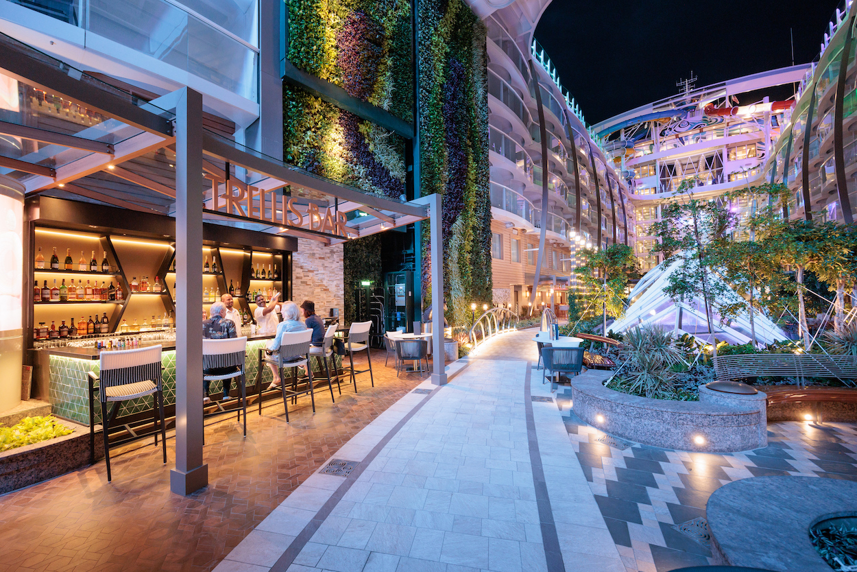 A modern outdoor bar area on a cruise ship, featuring patrons seated at a counter, surrounded by lush greenery and illuminated structures, under a night sky.