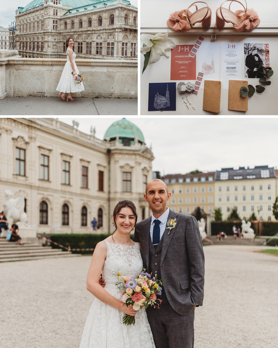 Collage of a wedding: bride in a dress holding flowers, wedding invitations and shoes, and a couple posing outside a historic building.