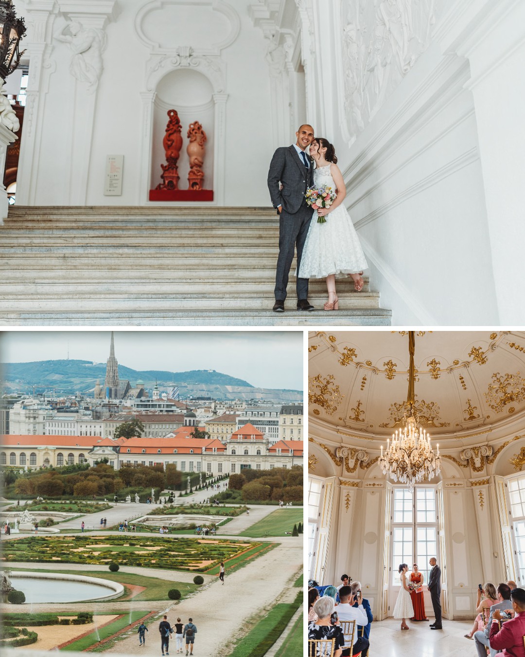 A couple poses on staircase in an ornate building. Below are views of a cityscape with a historic cathedral, formal gardens, and an elegant room with a ceremony taking place.