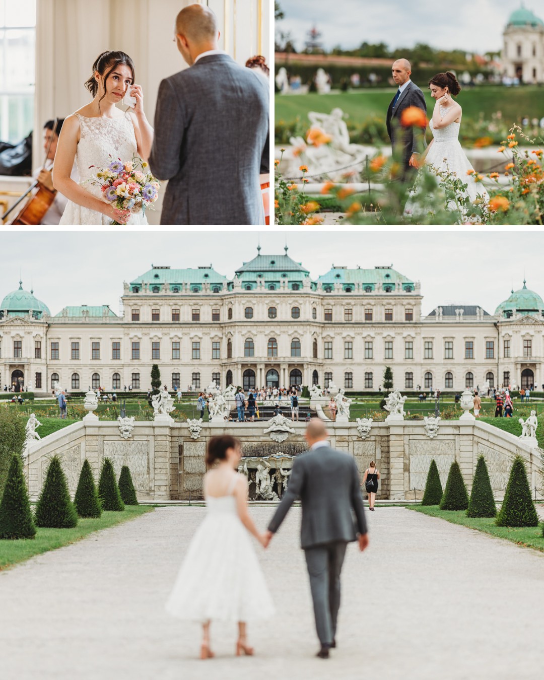 A couple on their wedding day, with the bride in a white dress holding flowers. They are in a garden with a grand building in the background.