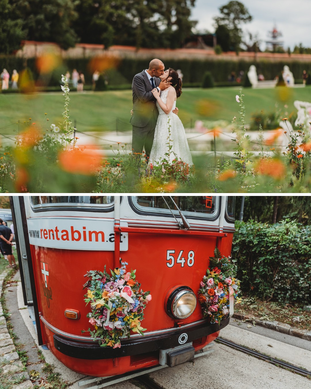 A couple embraces in a garden. Below, a red tram decorated with flowers is pictured.