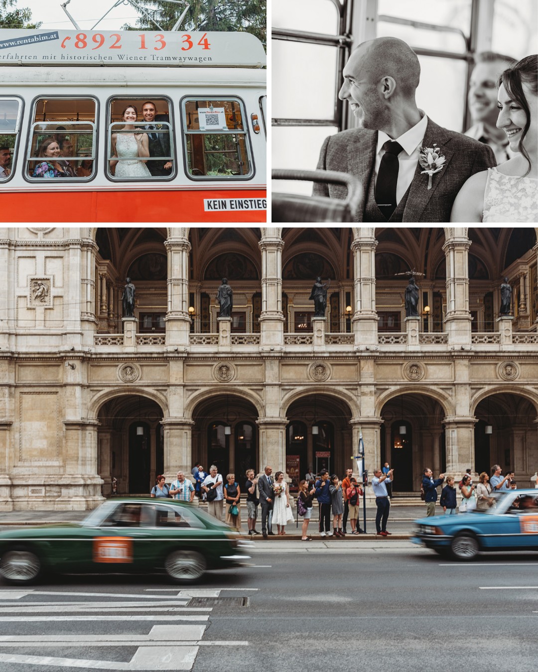 Collage: People inside a red tram, a smiling couple in formal attire, and a group outside a historic building with green cars passing.