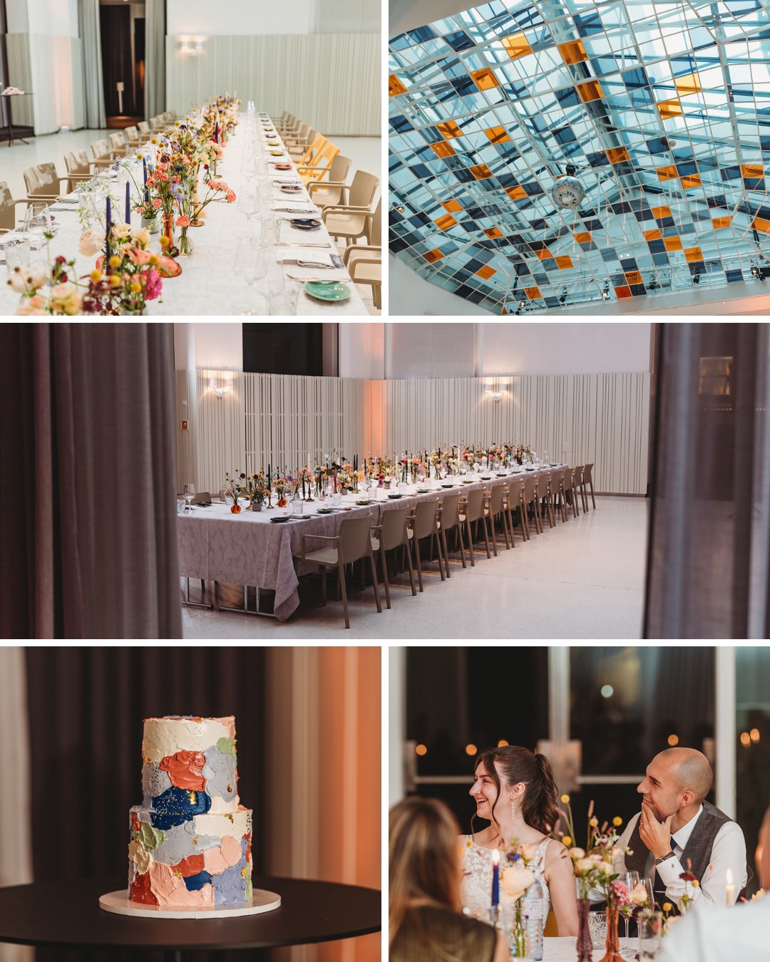 Five images showing a modern event space with a long table setup, a geometric ceiling, a vibrant cake, and two people seated at a decorated table.