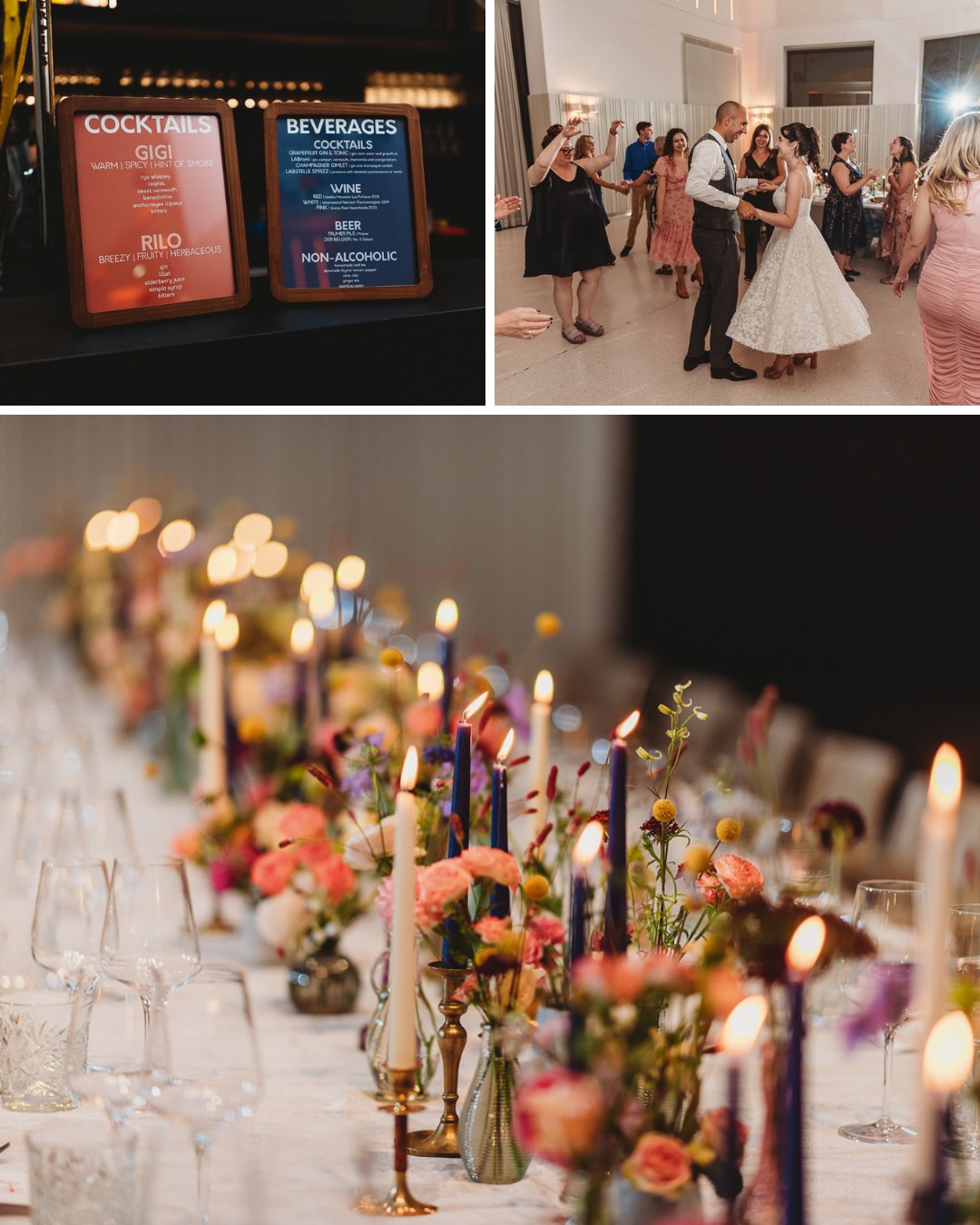 A wedding reception with a drink menu, people dancing, and a dining table decorated with vibrant flowers and lit candles.