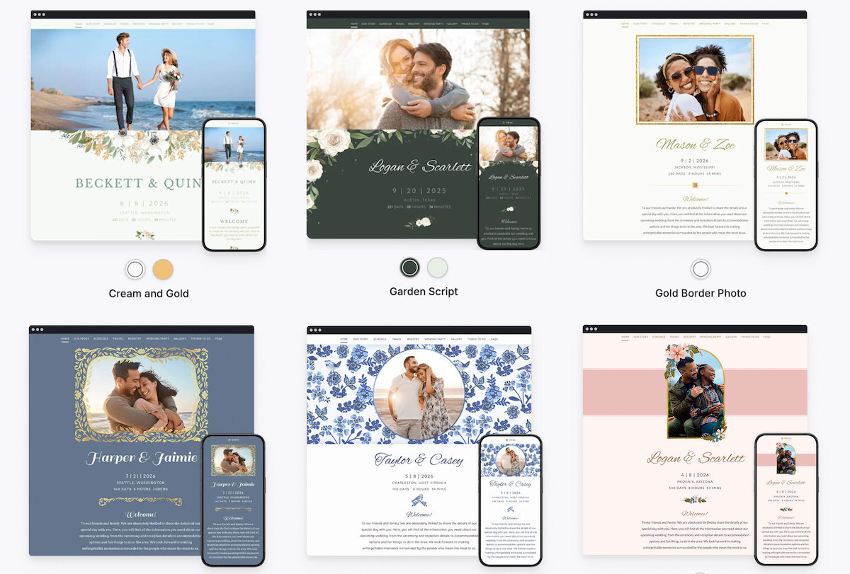 A webpage showing six wedding website templates with different themes and color schemes. Each template includes a sample image and wedding details.
