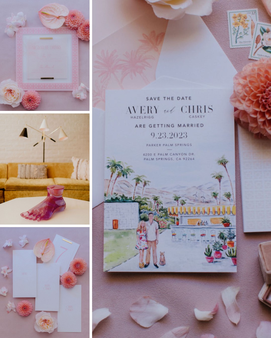 A wedding invitation card with floral design is shown, alongside pink flowers, a pink foo sculpture, and a modern white lamp. Background includes a yellow couch and white brick wall.