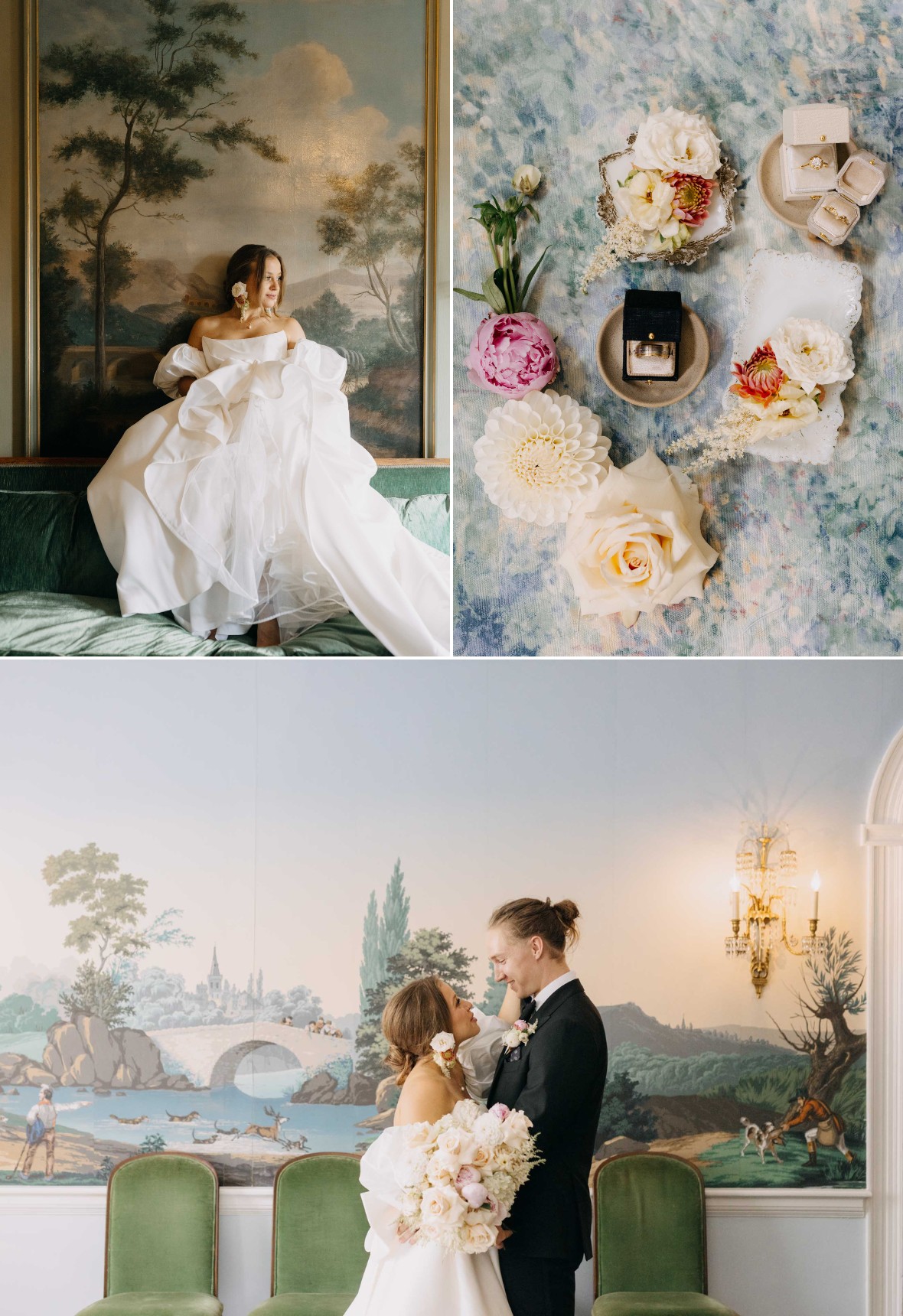 A bride in a white gown poses indoors; wedding rings, flowers, and accessories are displayed; a couple shares a moment in front of a scenic wall mural.