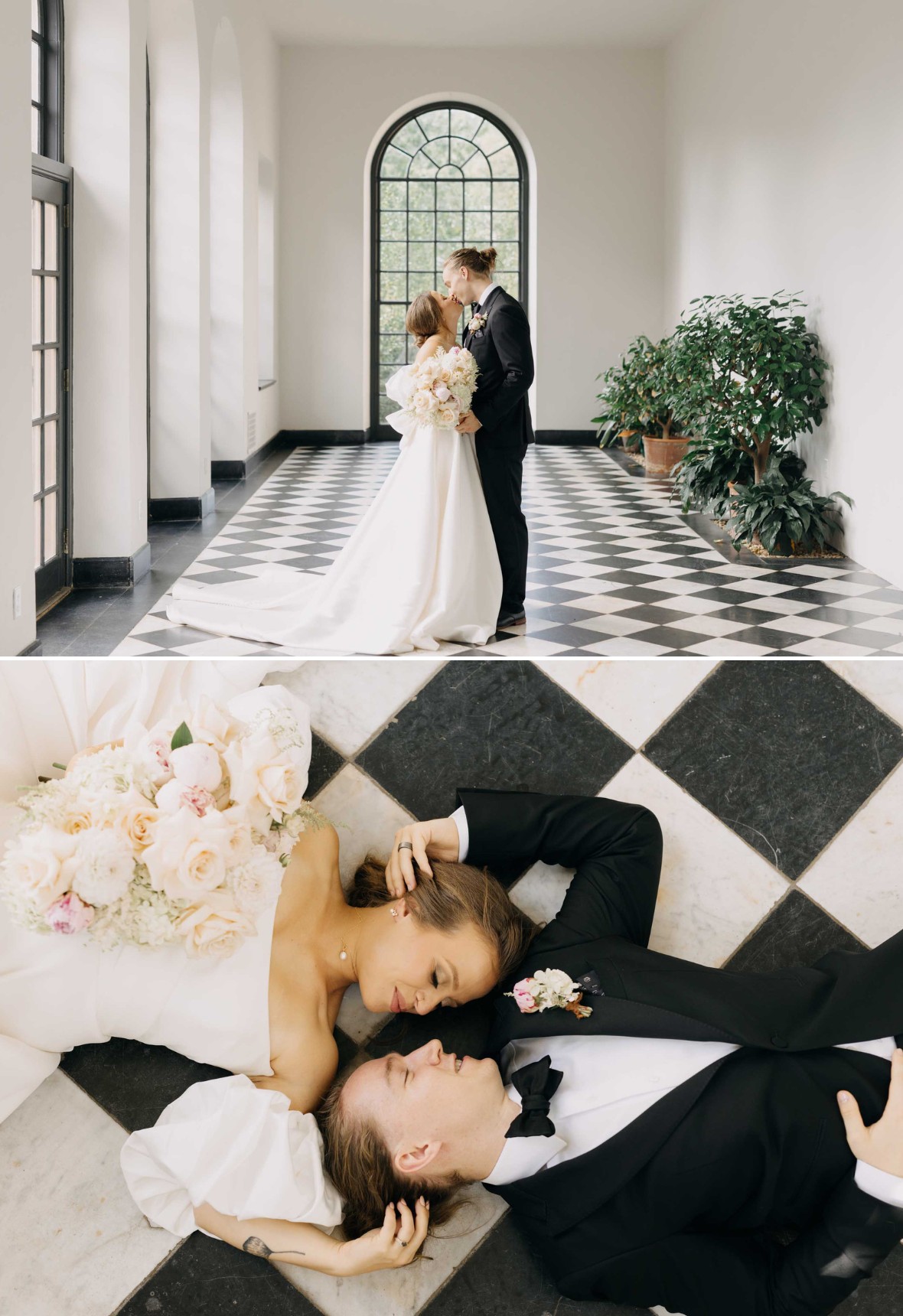 A couple in wedding attire poses in a bright room with checkered flooring and plants. In one image, they stand and kiss; in the other, they lie on the floor holding hands.