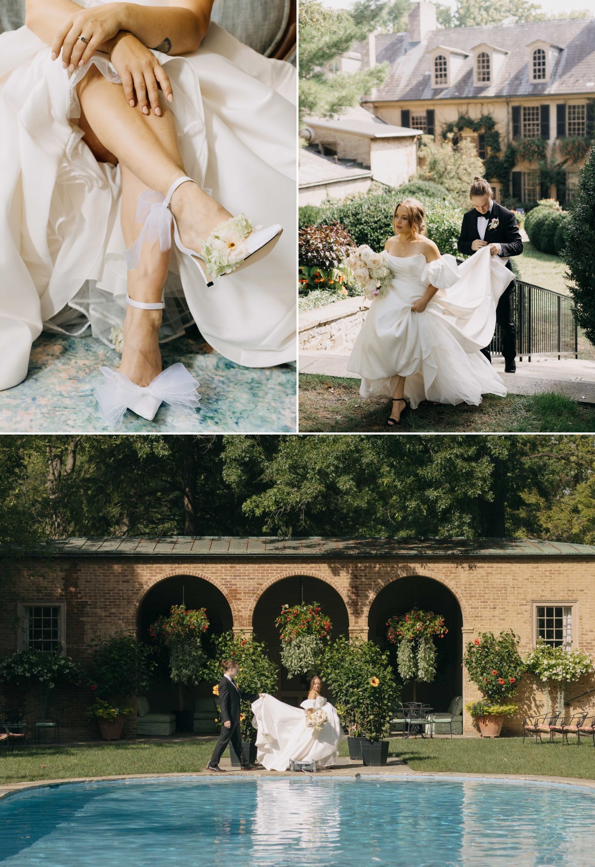 Bride in a white dress with floral heels, groom assisting her outdoors near a brick mansion, and by a pool.