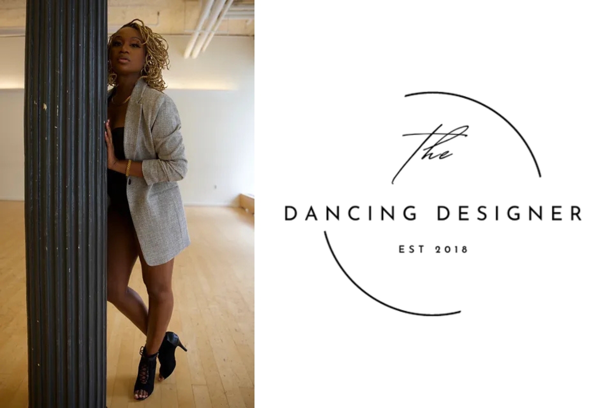 A person in a blazer leans on a pillar in a room with wooden floors. To the right, a logo reads "The Dancing Designer Est 2018" with a circular design.