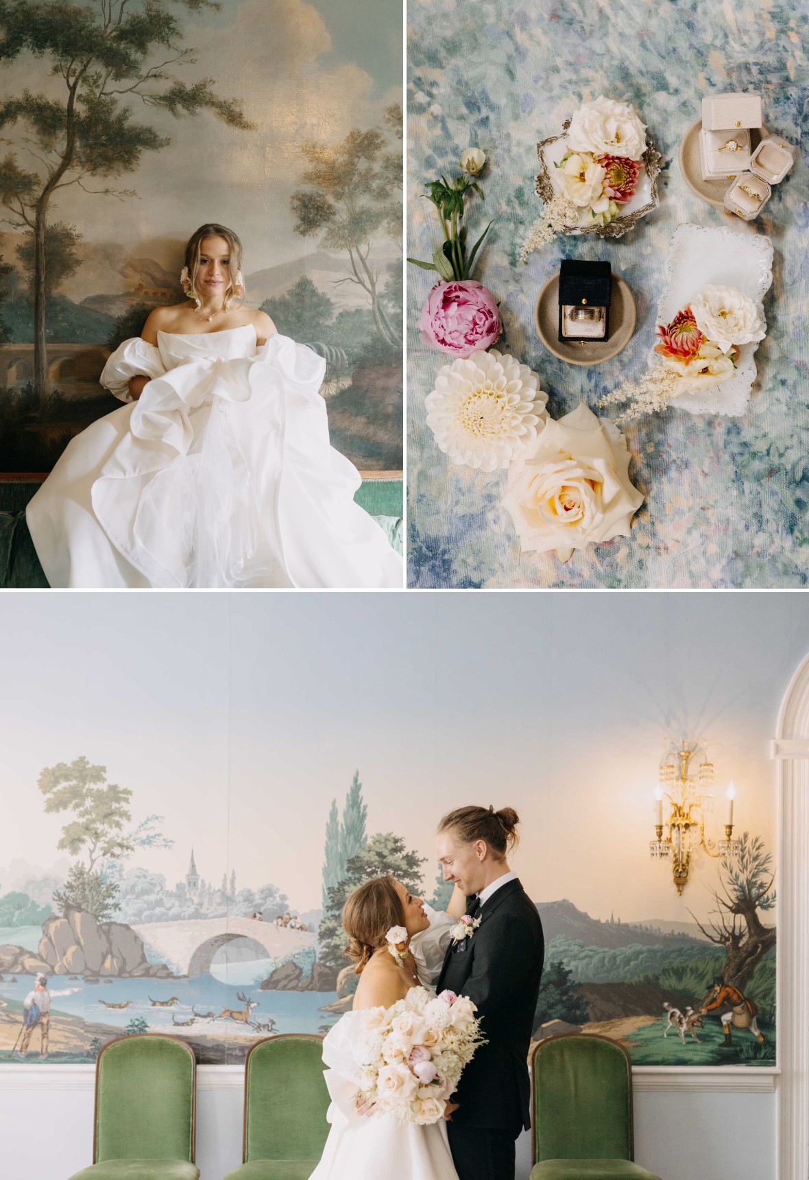 A bride in a white gown poses indoors; wedding rings, flowers, and accessories are displayed; a couple shares a moment in front of a scenic wall mural.