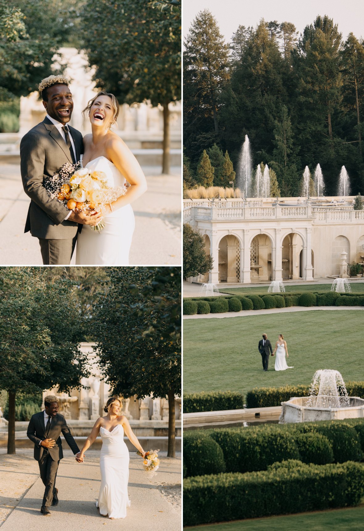 A couple in wedding attire walks and poses in a garden with fountains and lush greenery.