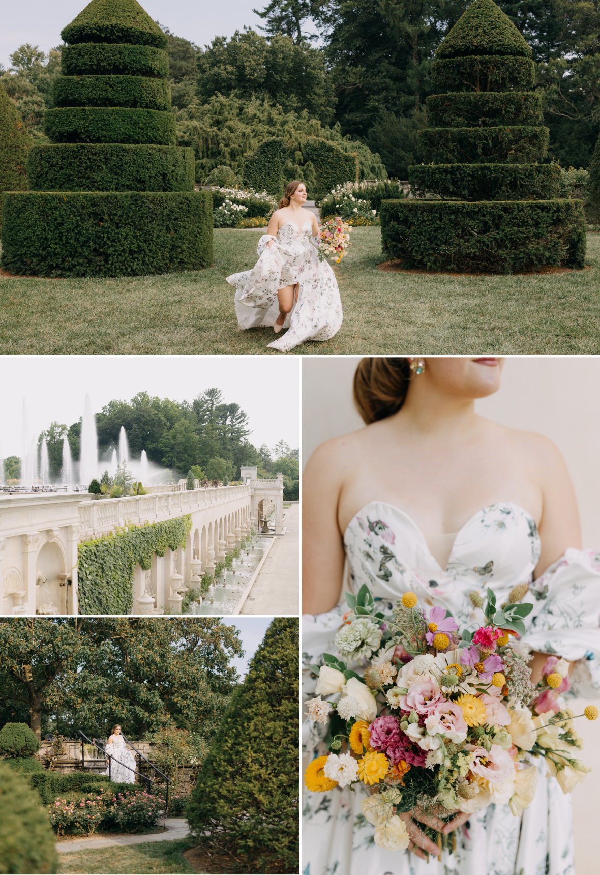 Bride in floral dress poses with bouquet near sculpted hedges and fountains in a garden setting. Close-up of dress and bouquet details included.