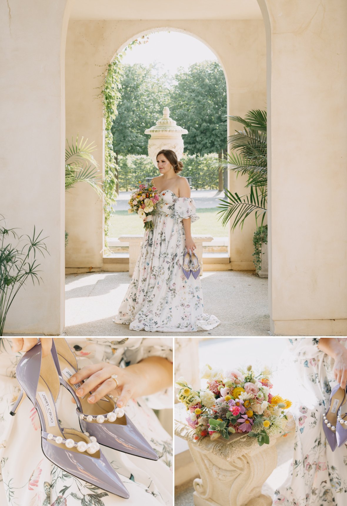 A woman in a floral dress stands in an archway holding a bouquet. Below are close-ups of purple heels with pearl details and a colorful floral arrangement on a pedestal.