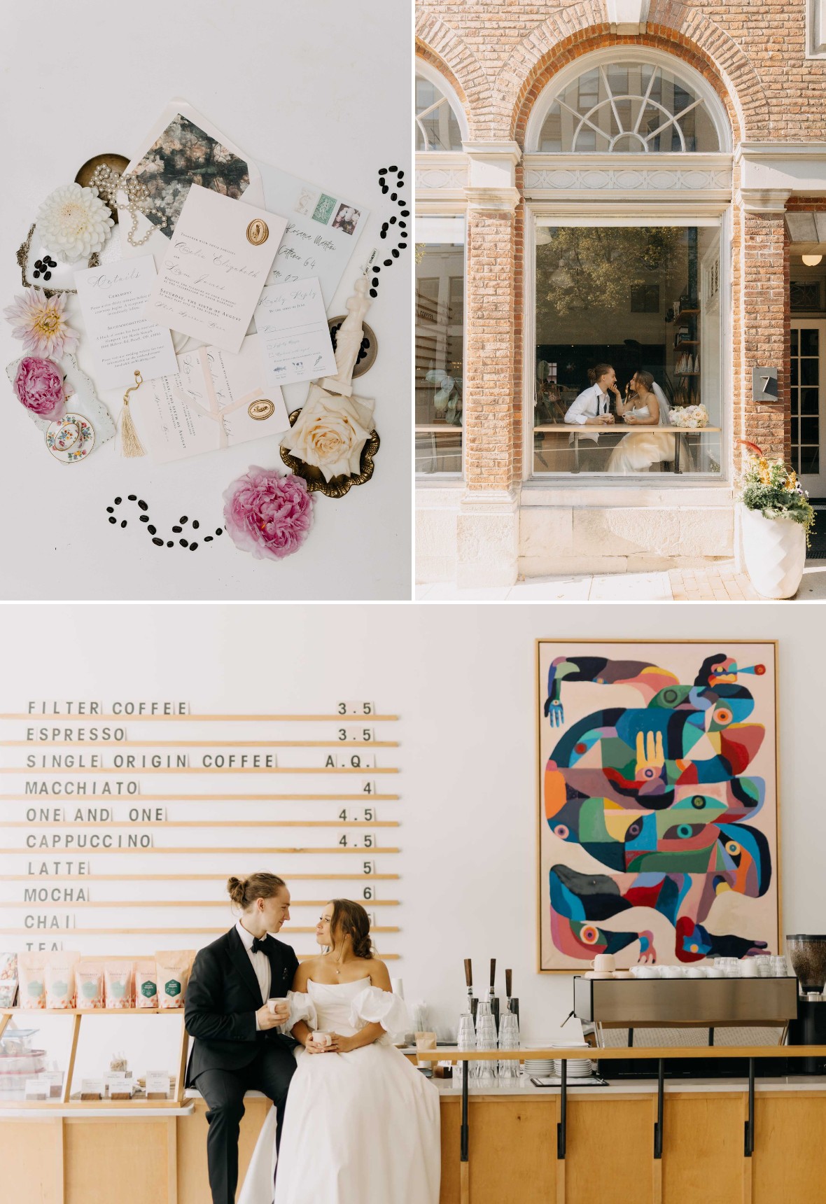 Wedding collage: invitations with flowers, couple seen through a window at a cafe, and a couple in wedding attire sitting at a coffee bar.