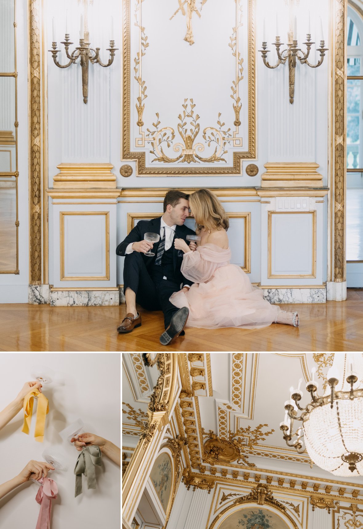 A couple sits on a polished floor in an ornate room with gold details, holding glasses. Below, hands display colored ribbons. An elaborate ceiling and chandelier are visible.