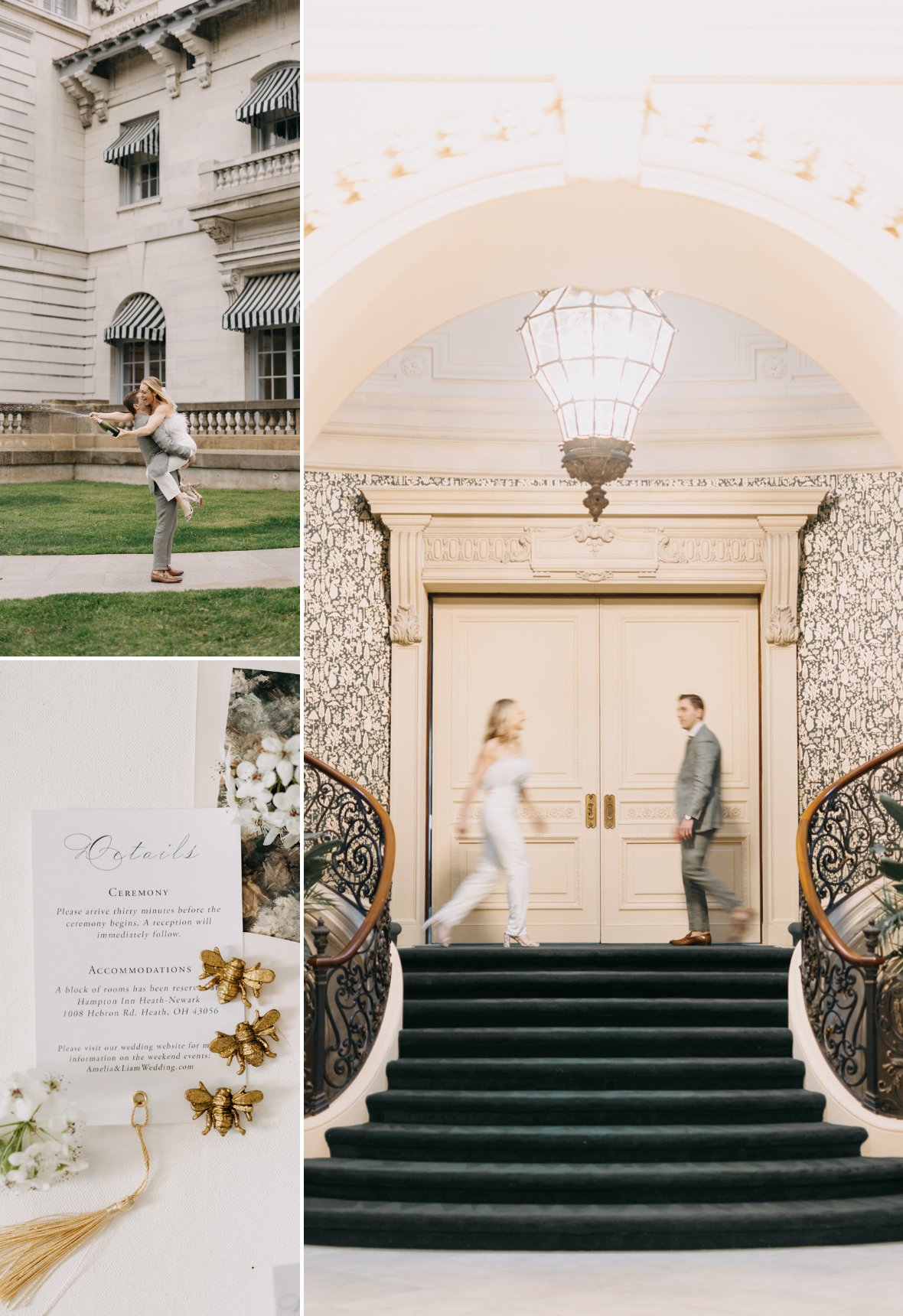 A collage showing a couple embracing outdoors, two people passing each other in an elegant hallway, and a close-up of a wedding invitation with decorative flowers and gold embellishments.