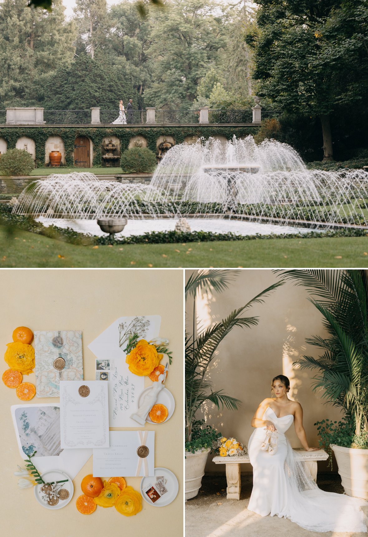 A bride near a fountain in a garden. Below, wedding stationery and citrus decor, and a bride sitting with a bouquet.