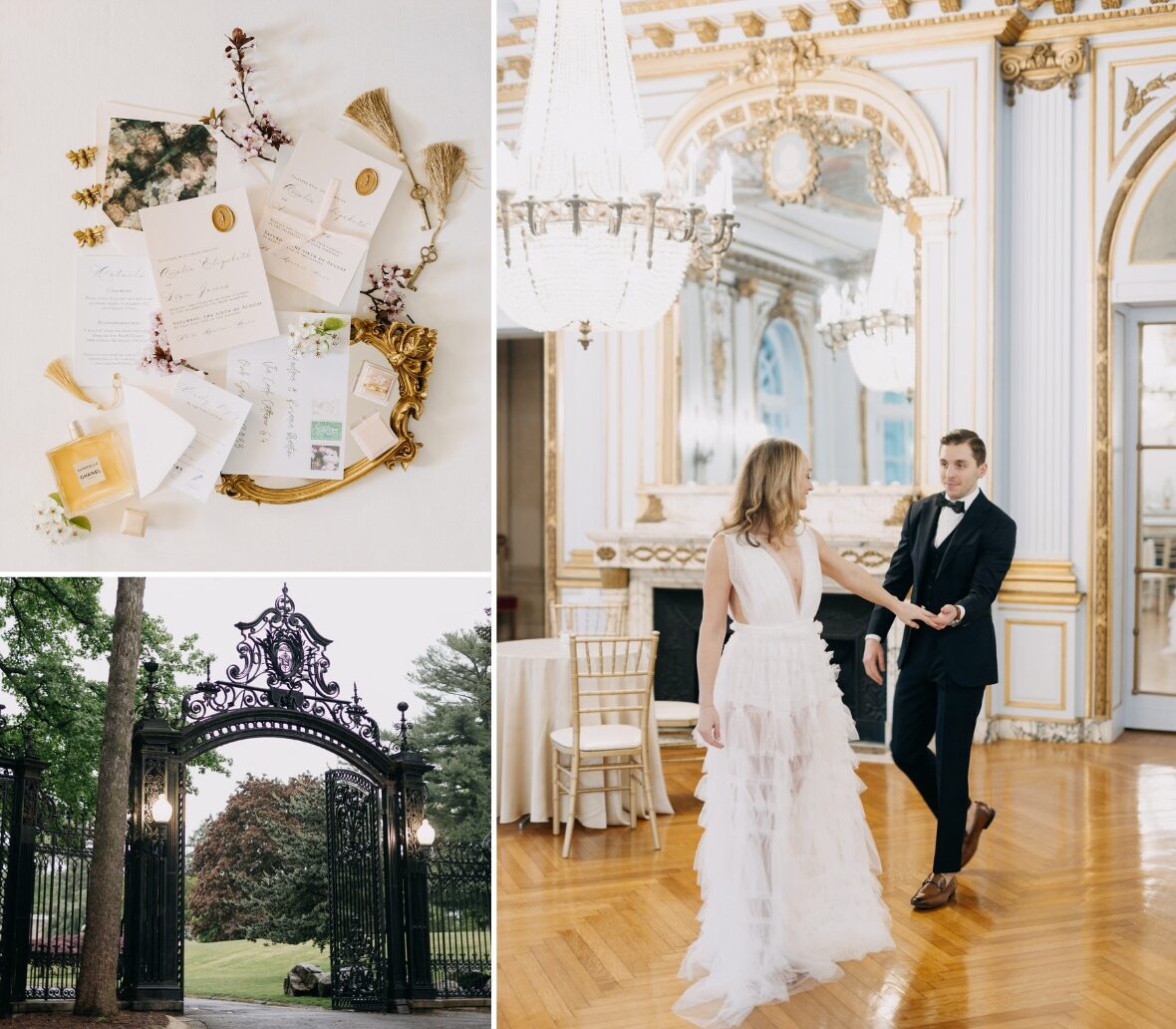 Wedding invitations, ornate indoor decor, a couple dancing, and decorative gates.