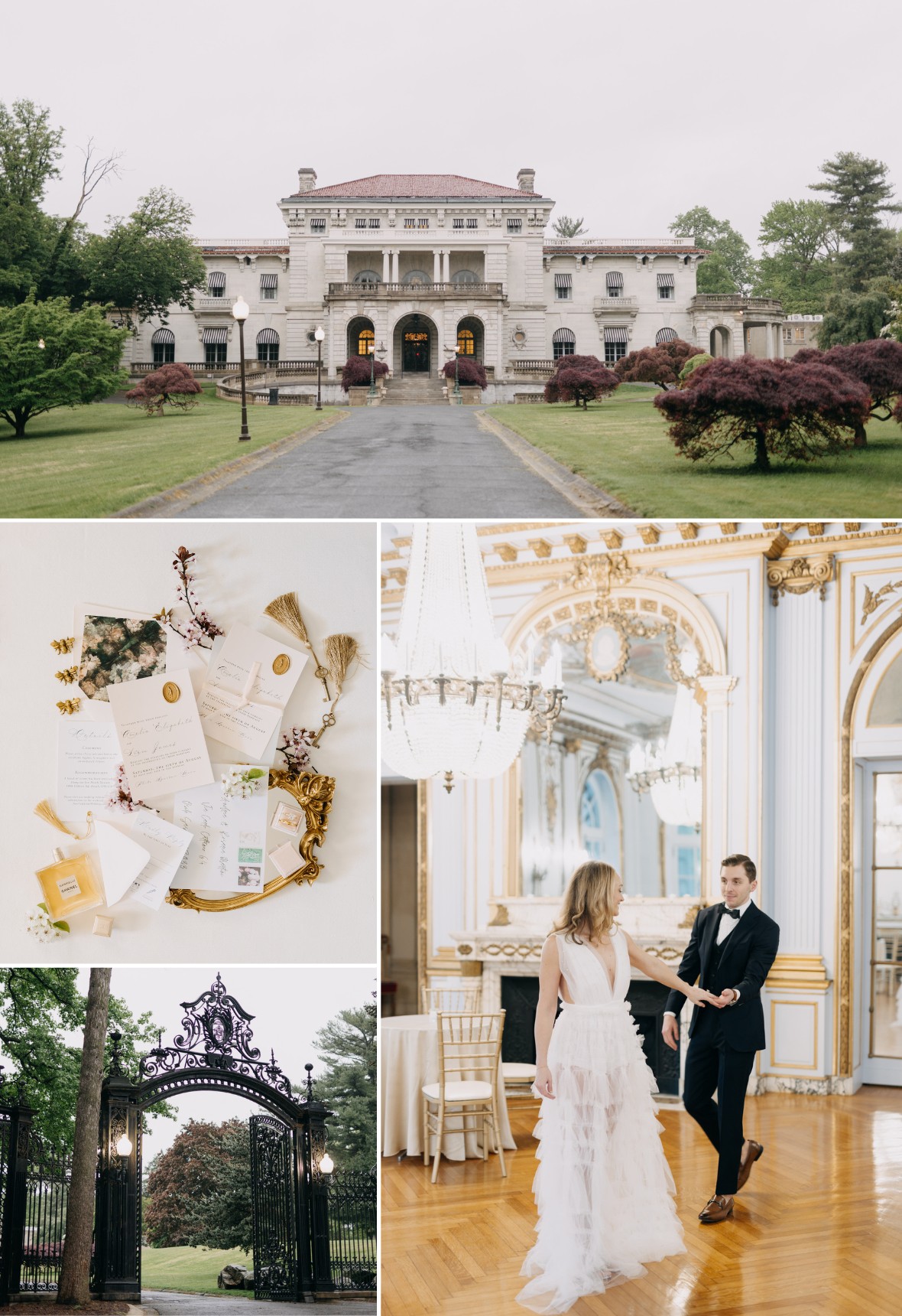 A grand estate with a driveway. Below, wedding invitations, ornate indoor decor, a couple dancing, and decorative gates.