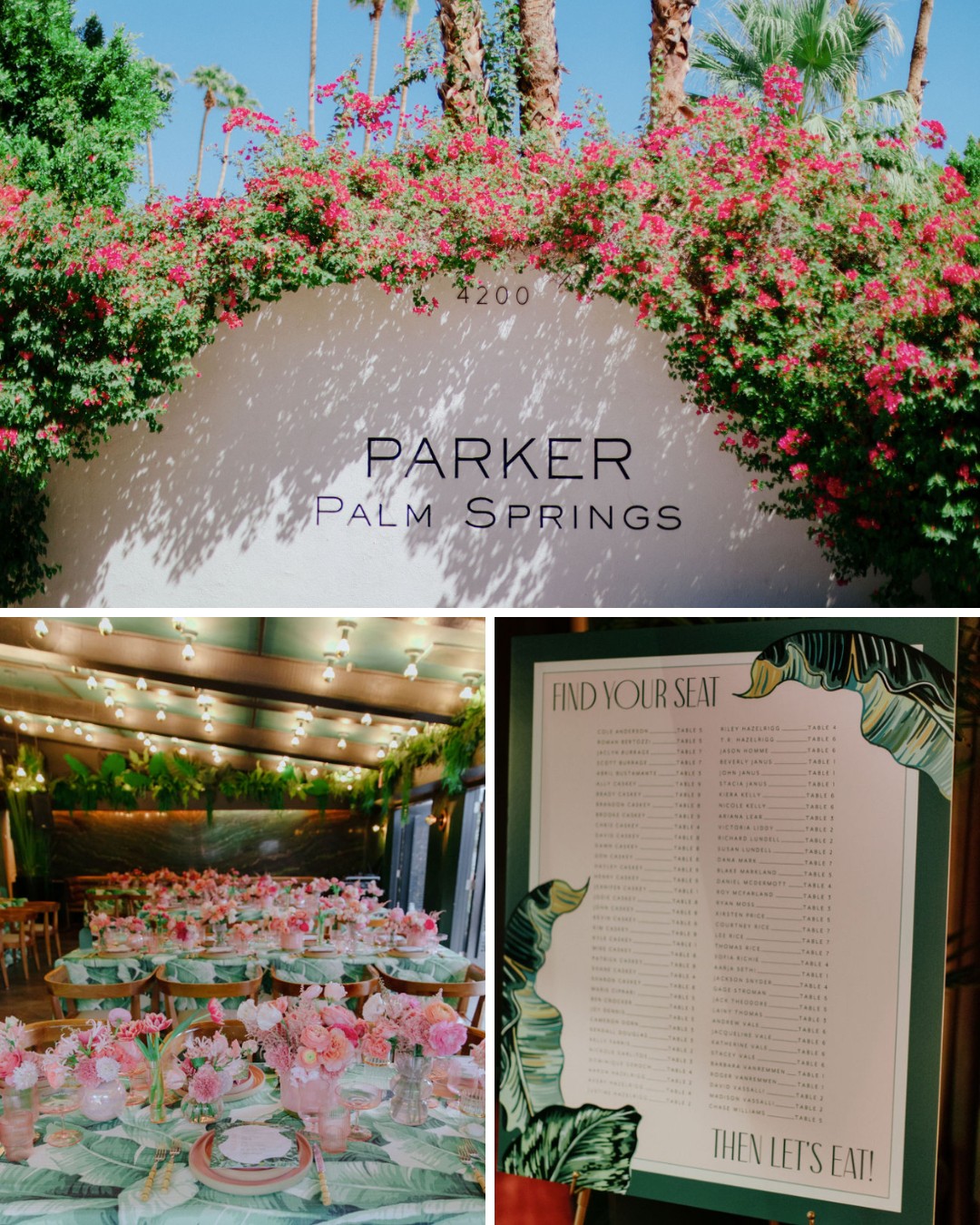 Collage with Parker Palm Springs sign, floral-decorated dining setup, and seating chart with botanical design.