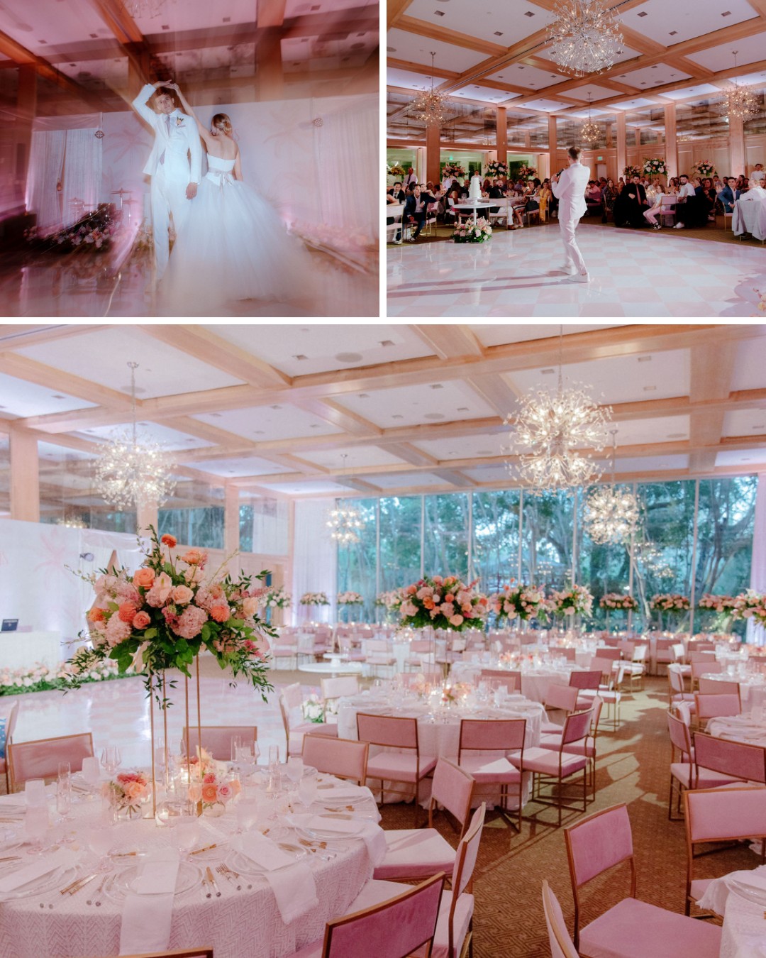 A wedding reception with guests dining, a couple dancing, and a ballroom decorated in pink and white with floral arrangements and chandeliers.