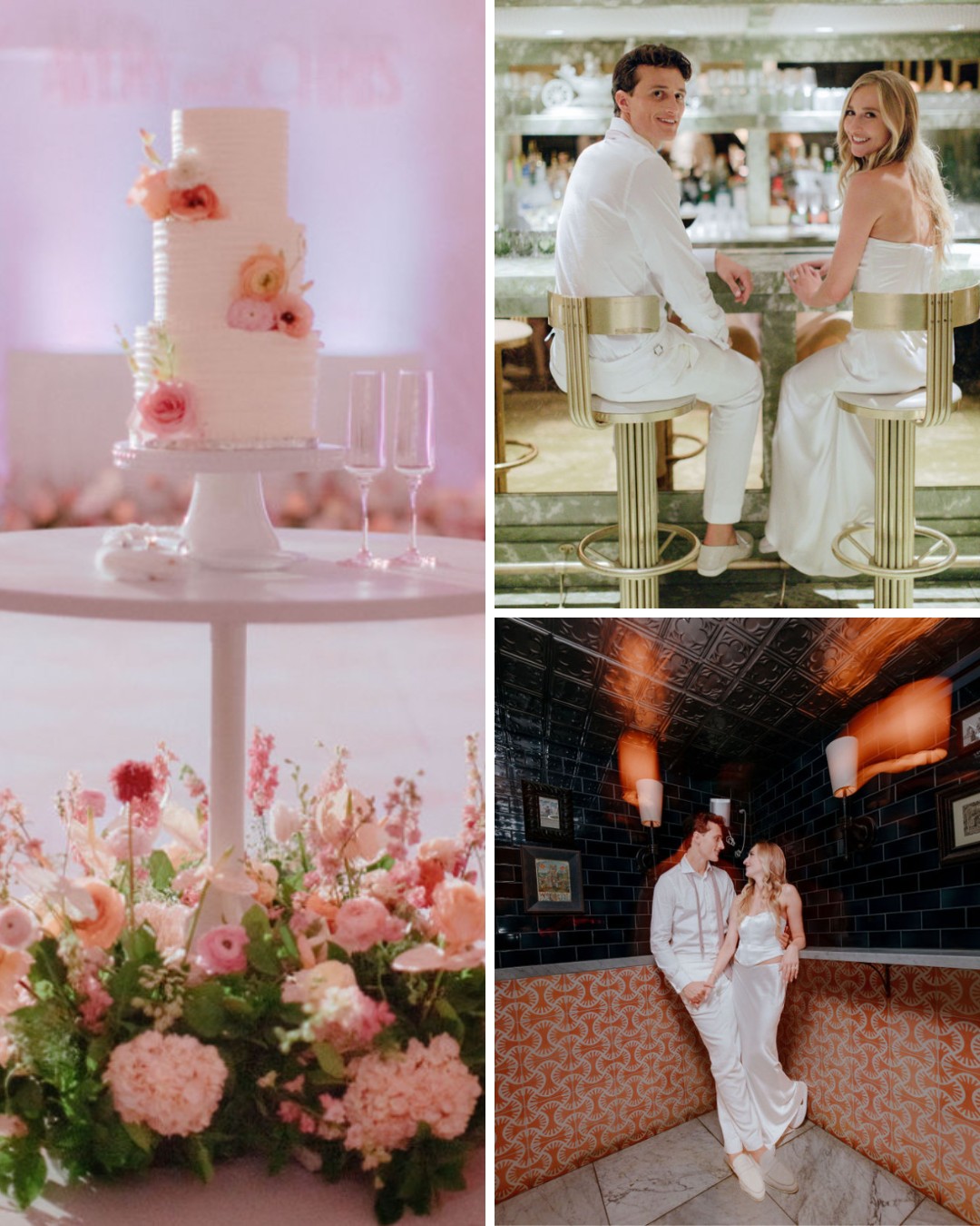 Collage with a tiered cake, a couple seated at a bar, and them posing together; floral arrangement with pink and white flowers at the bottom.