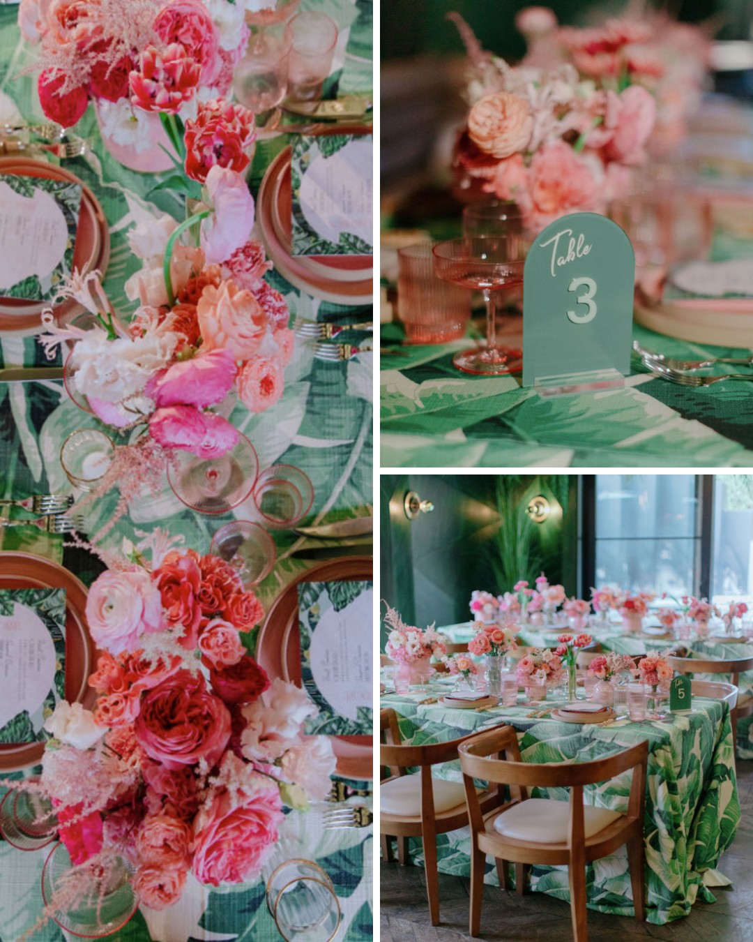 Elegant table setting with pink and red floral centerpieces, green and white tablecloth, pink glassware, and a table number card reading "Table 3."