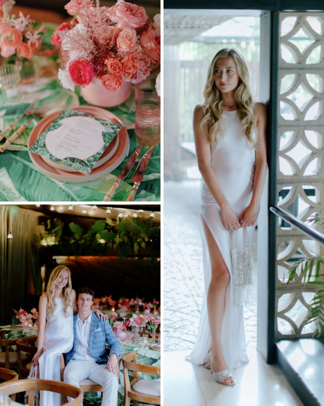 Woman in a white dress at an event with floral table decorations and a man seated nearby.