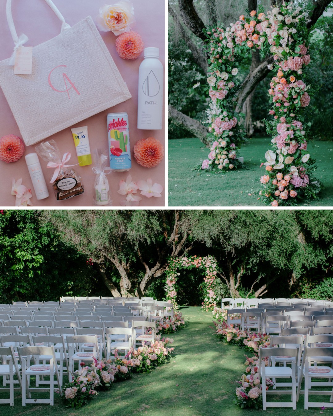 Wedding scene with a flower-adorned arch, white chairs lined along an aisle, and a tote bag with cosmetic items and drinks.