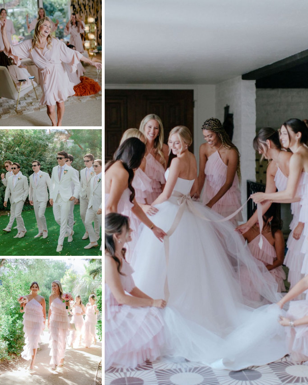 A bride in a white dress is surrounded by bridesmaids in pink dresses and groomsmen in light suits. The scenes include preparations and walking through a garden.