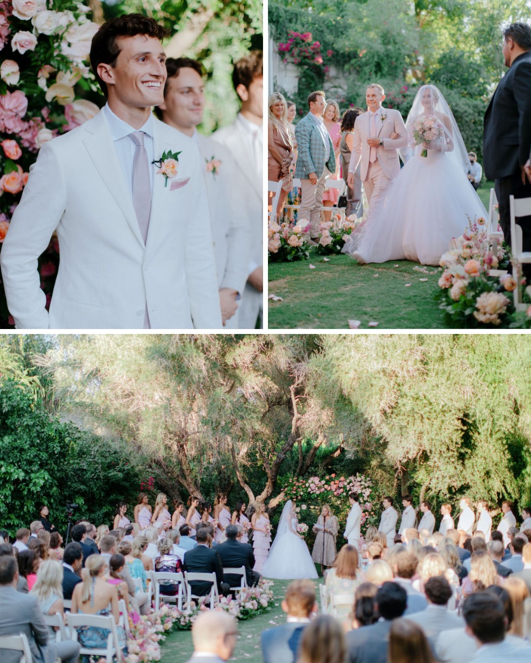 A bride walks down the aisle in an outdoor wedding ceremony with guests seated on either side. The groom and his groomsmen are dressed in light suits, surrounded by flowers and greenery.