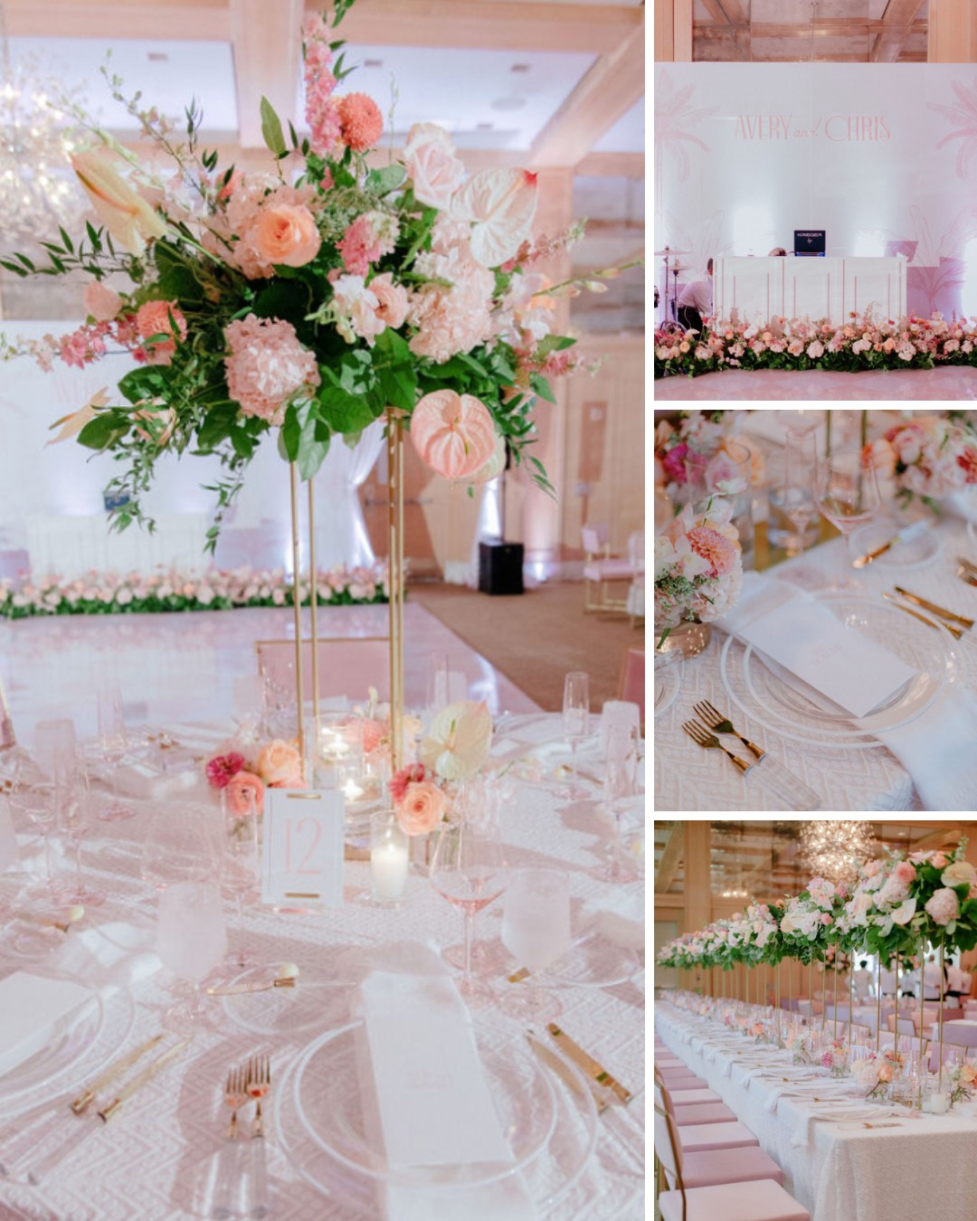 Elegant wedding reception with tall floral centerpieces, white table settings, and gold accents. Pink roses and candles adorn the tables.