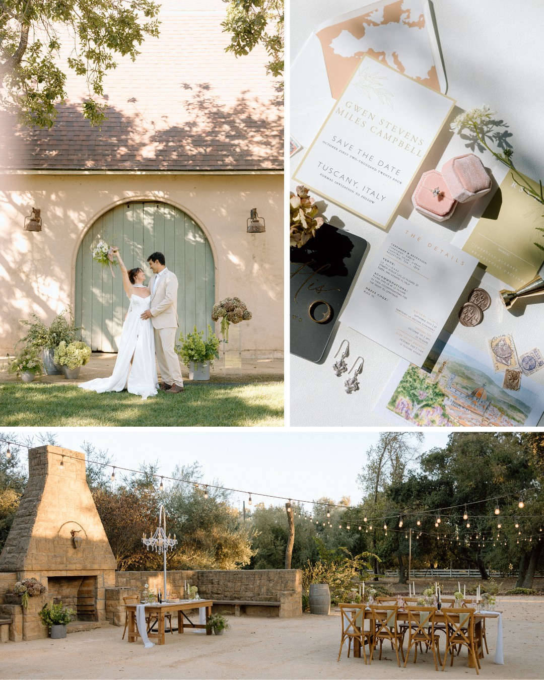 A couple poses in front of a rustic building. Wedding invitation and envelopes are displayed. An outdoor reception area is set with tables, chairs, and string lights.