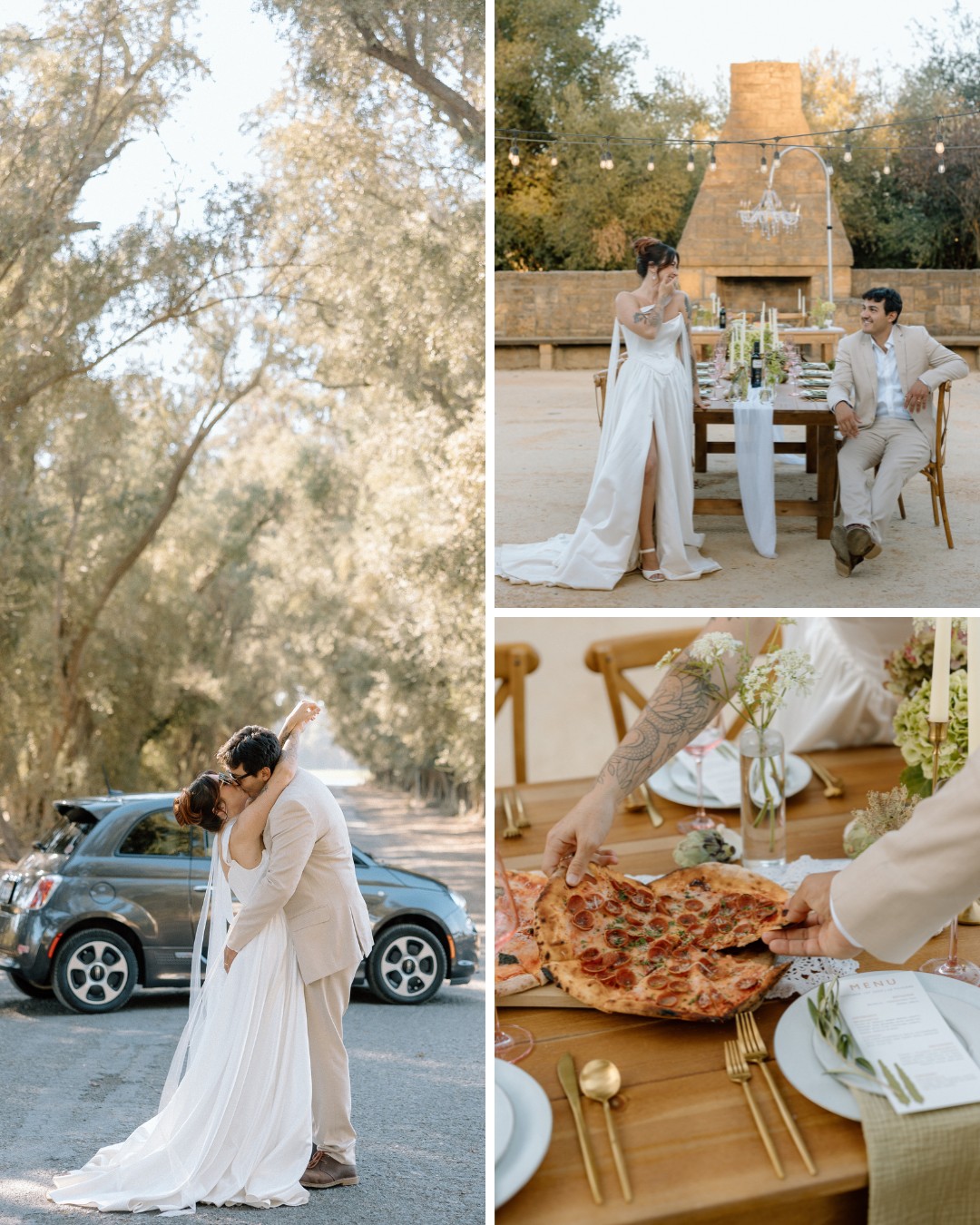 A couple in wedding attire hugs near a car, enjoys a rustic outdoor meal with a large pizza, and sits at a dining table decorated with flowers and candles.