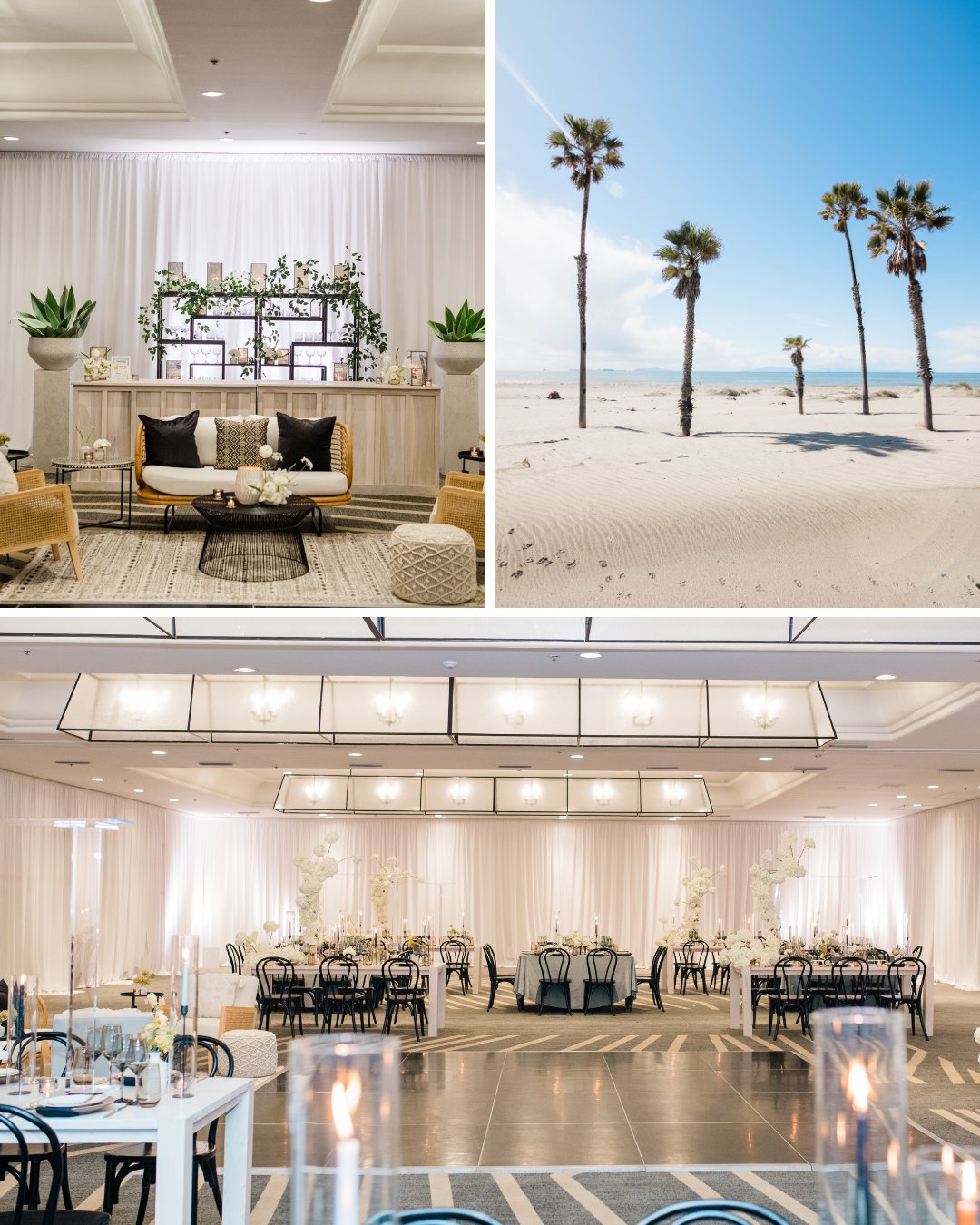 A beach scene with palm trees and two images of an event space decorated with plants, tables, and chairs, featuring soft lighting and a neutral color palette.