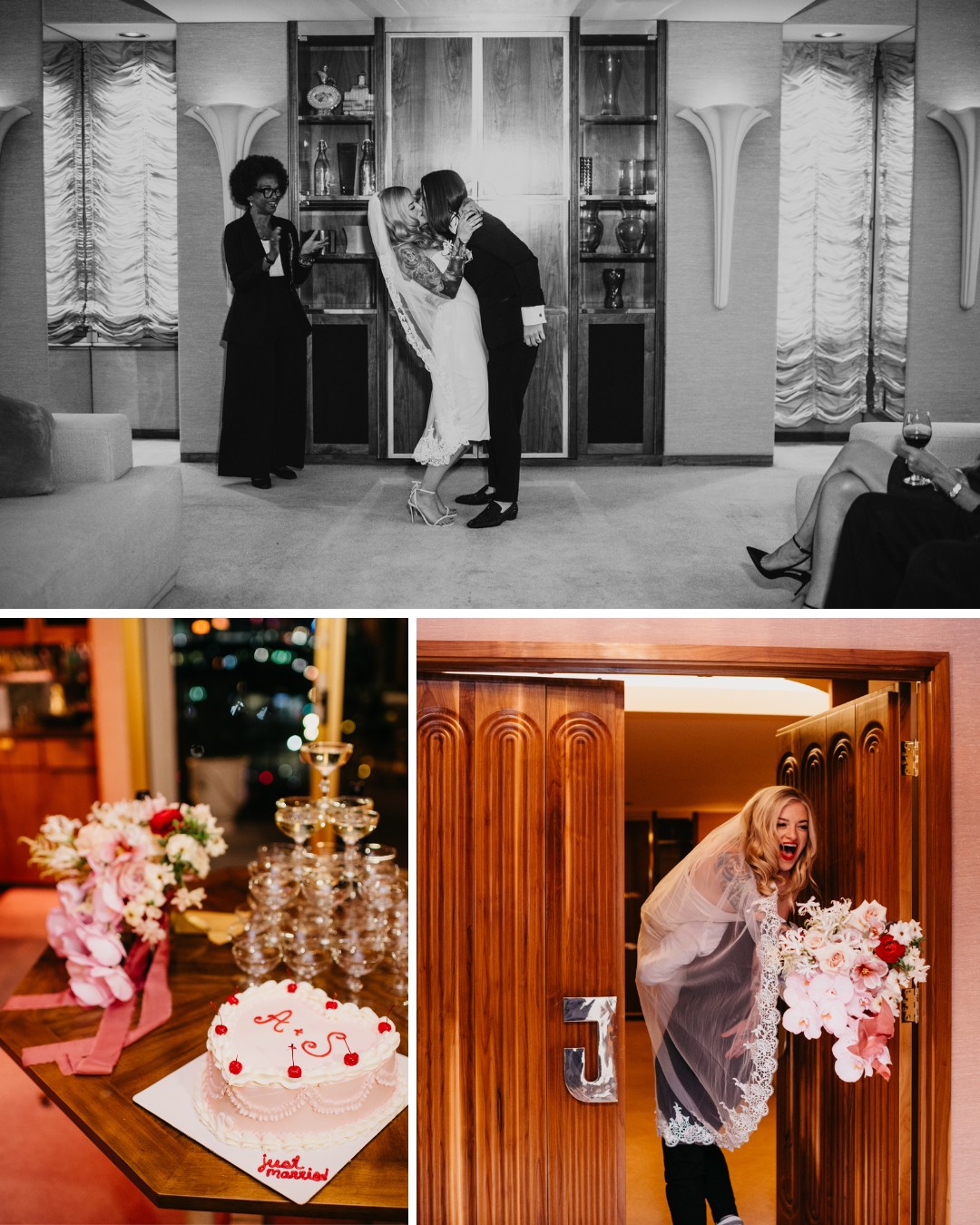 A couple kisses at a wedding ceremony; a cake with "Just Married" text, flowers, and a tower of glasses; a bride holding a bouquet enthusiastically entering a room.