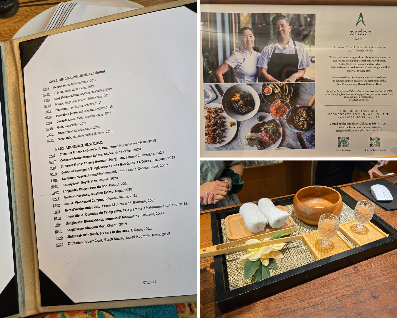 A menu, a flyer featuring two chefs with dishes, and a traditional tea set with bowls and white cloths on a wooden tray.